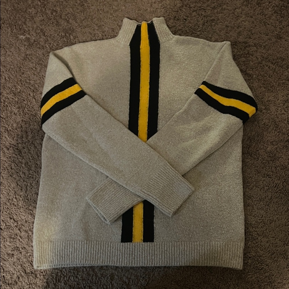 Stylish Women's Turtleneck Sweater in tan with Black and Yellow Stripes